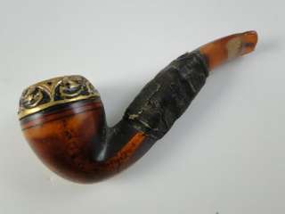 Antique Meerschaum Gold Plated Smoking Tobacco Pipe Amber Vintage 