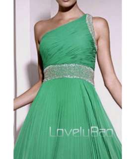 Green Ruching Chiffon Beading One Shoulder Bridesmaids Prom Gown 