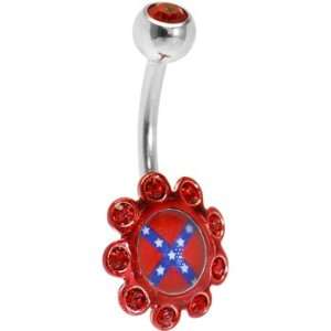    Ruby Red Gem Confederate Flag Logo Flower Belly Ring: Jewelry
