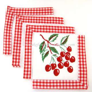 Vintage Style Cherries Napkin Set Red Gingham Picnic Cherry  