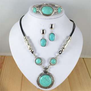 Tibet Silver Turquoise Necklace Earring Bracelet Sets  