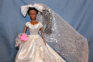   Doll Dark Skin & Hair Green Eyes Beautiful White Wedding Dress  