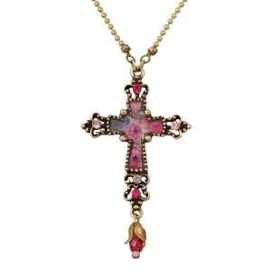  Michal Negrin Cross Pendant with Roses Print, Hand Painted 