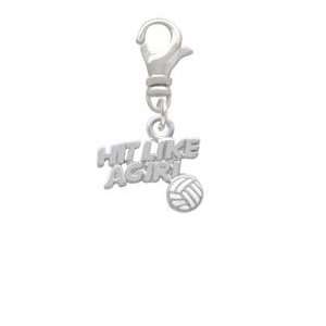   Hit Like a Girl with Enamel Volleyball   Silver Plated Clip on Charm