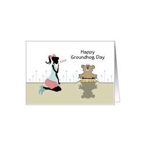  Happy Groundhog Day Greeting Card with Shadow Retro Girl 