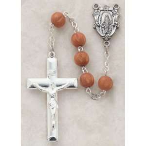    Silver plated Pewter Rosary, Brown Wood Beads 